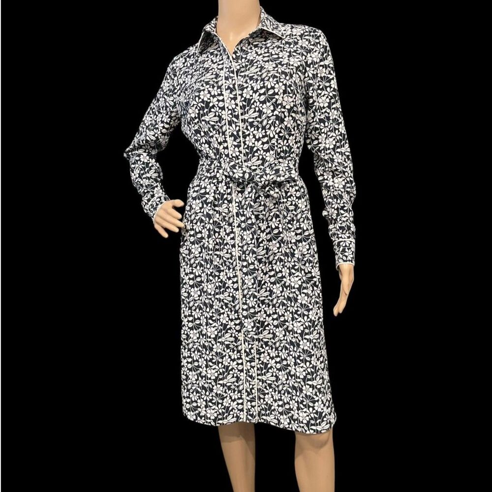 BROOKS BROTHERS Long Sleeve Black & White Floral Print Belted Shirt Dress Sz 2 - Picture 2 of 8